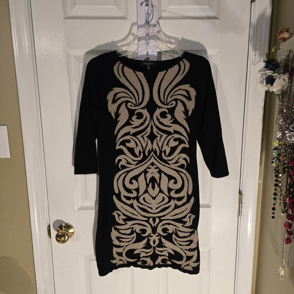 Nine West Women's Knit 3/4 Sleeve Black-Tan Pencil Stretch Sweater Dress Size XS